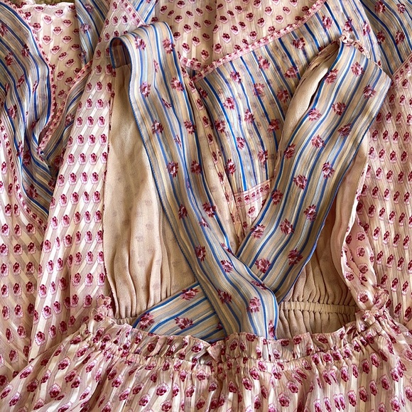 Ulla Johnson Silk Dress Size 2 Pink and Blue Printed Low V Neck Knee Elegant - Picture 6 of 9